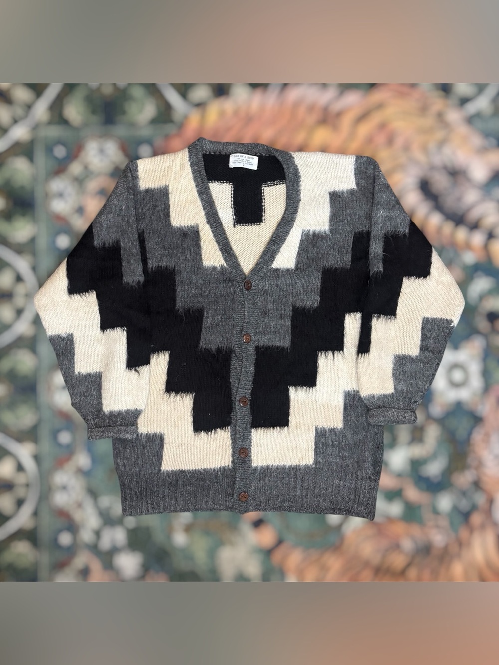 Vintage 100% Alpaca Cardigan Sweater Geometric Kurt Cobain Shaggy Knit Large